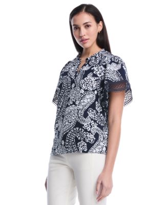 Petite Paisley Print Flutter Lace Short-Sleeve Blouse