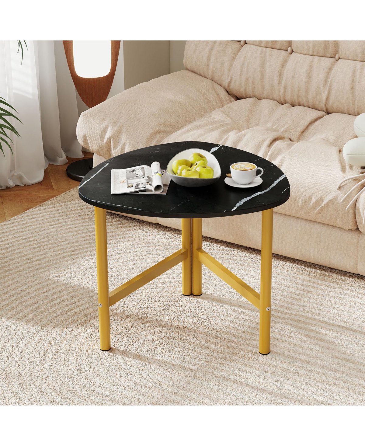 Gymax Triangle Coffee Table with Metal Legs Industrial Center Table for Living Room