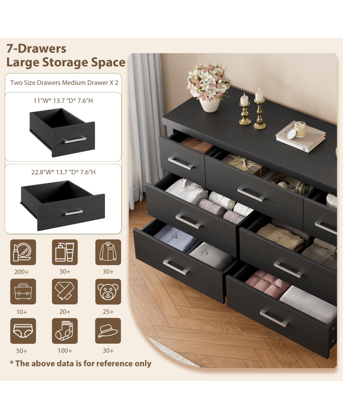 homfan 7 Drawers Modern Wood Dresser, 51" Wide Chest of Drawers Closet, Wooden Organizer with Metal Handle, for Bedroom, Living Room