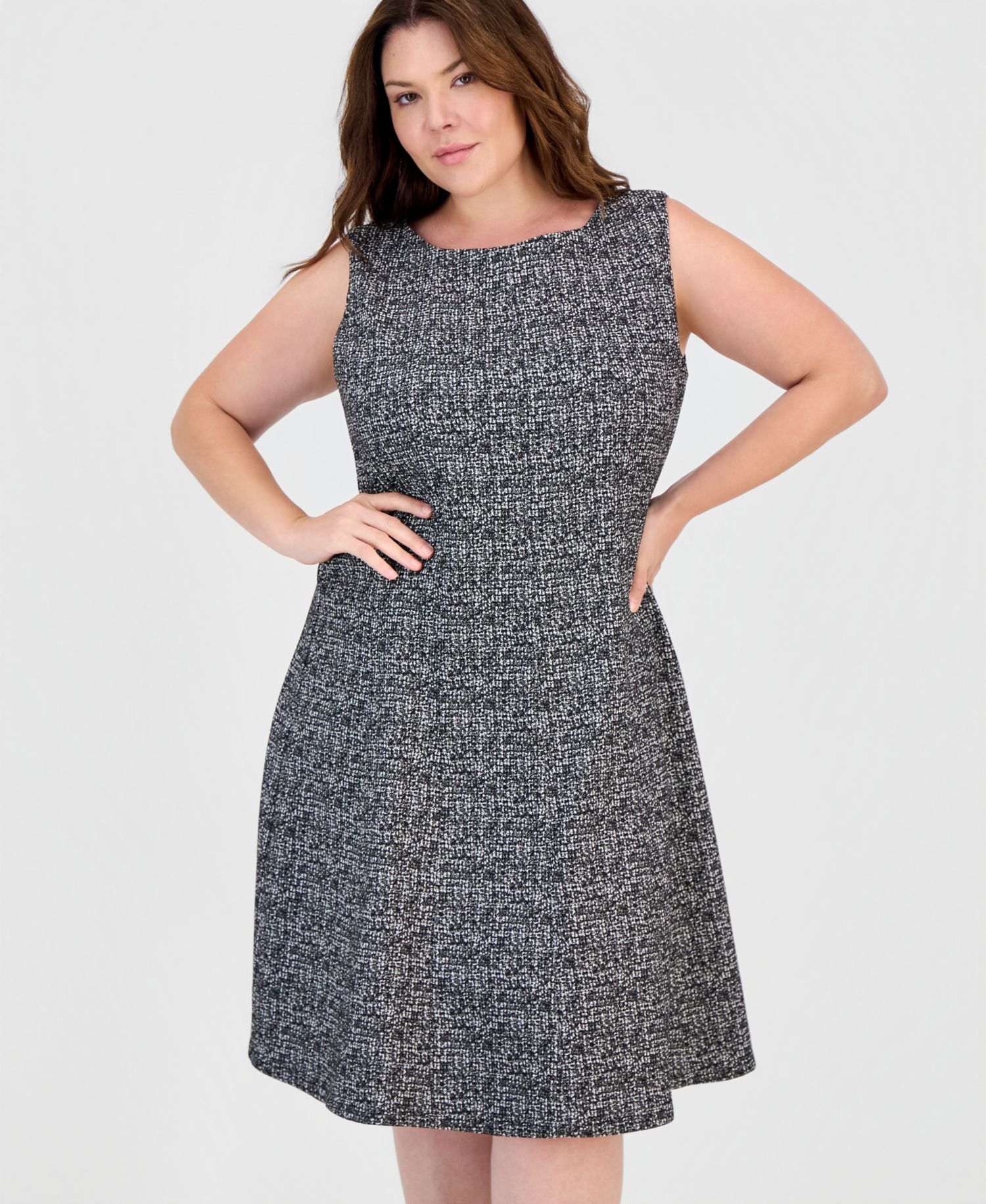 Plus Size Multi Seam Fit Flare Boat Neck Sleeveless Dress