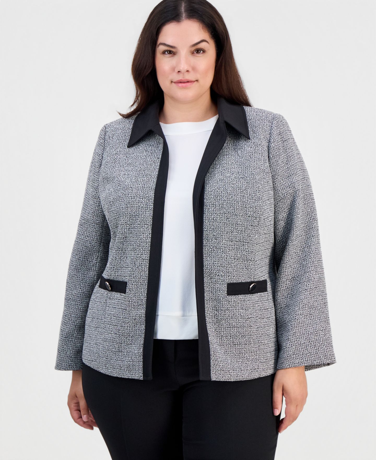 Женский пиджак Kasper Plus Size Tweed Open-Front Blazer, цвет: Чёрный / Ванильный ледяной — фото 1