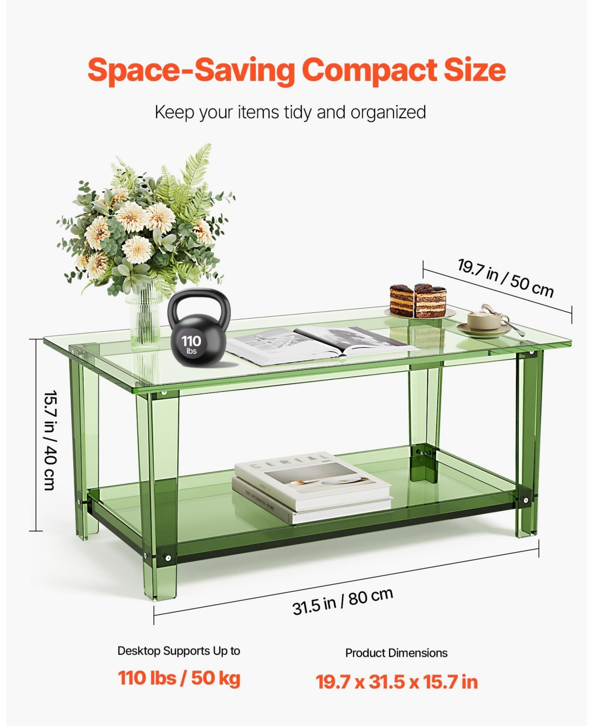 Gouun Transparent Acrylic 2-Tier Coffee Table with Storage Shelf