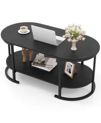 Oval Coffee Table 2-Tier Wooden Accent Table with Spacious Tabletop and Open Storage Shelf