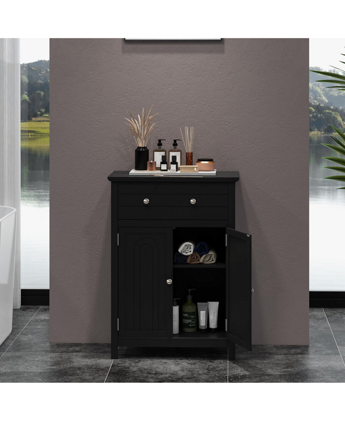 sumyeg 2-Door Freestanding Bathroom Storage Cabinet with Drawer and Adjustable Shelf