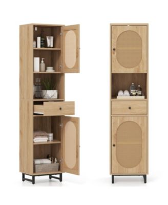 67 Inch Tall Bathroom Cabinet PE Rattan Floor Cabinet with 2 Doors