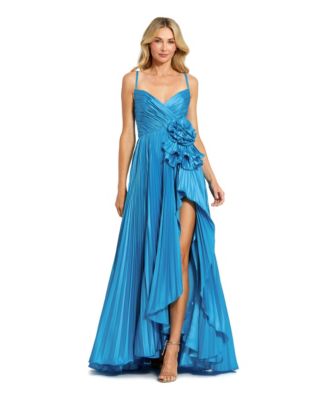 Women's Pleated Charmeuse Gown with Floral Detail, and High Slit