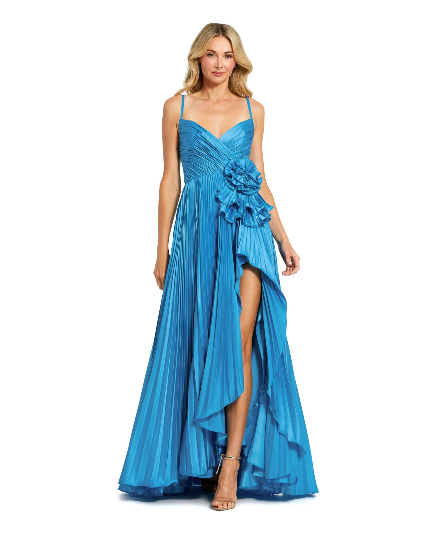 Women's Pleated Charmeuse Gown with Floral Detail, and High Slit