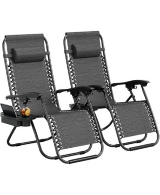 Set of 2 Patio Lounge Chair Outdoor, Zero Gravity Chair with Pillow and Cup Holder Tray