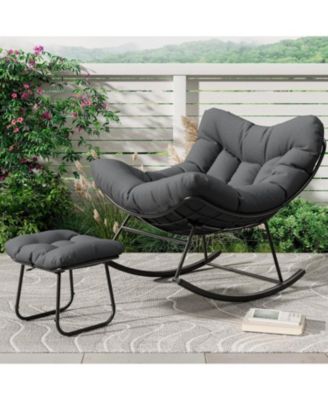 Oversized Papasan Rocking Chair, Outdoor Lounge Chair with Footrest for Balcony Backyard Porch