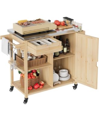 Outdoor Grill Cart with Wheels, Solid Wood BBQ Station, Stainless Steel Top, Storage Rack for Patio