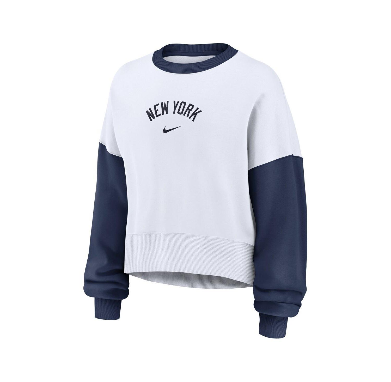 Women's White/Navy New York Yankees Oversized High Hip Fleece Sweatshirt