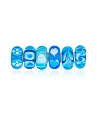 Mixed Set Blue Aqua White Floral Murano Glass Flower Charm Bead Sterling Silver Core For Bracelet