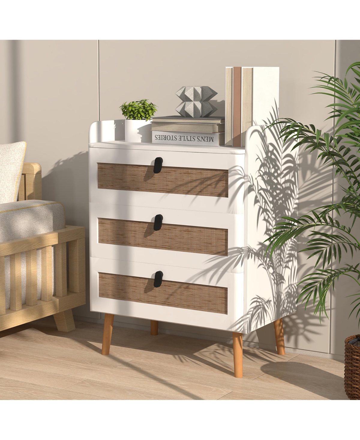 Gymax 2 Pieces Modern Nightstand End Bedside Table with 3 Rattan Drawers and Solid Wood Legs