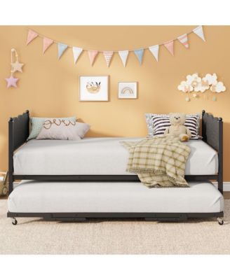 Metal Daybed with Trundle, Wavy Wood-Grain Headboard, Twin Sofa Bed with Locking Casters and Steel Support Bars