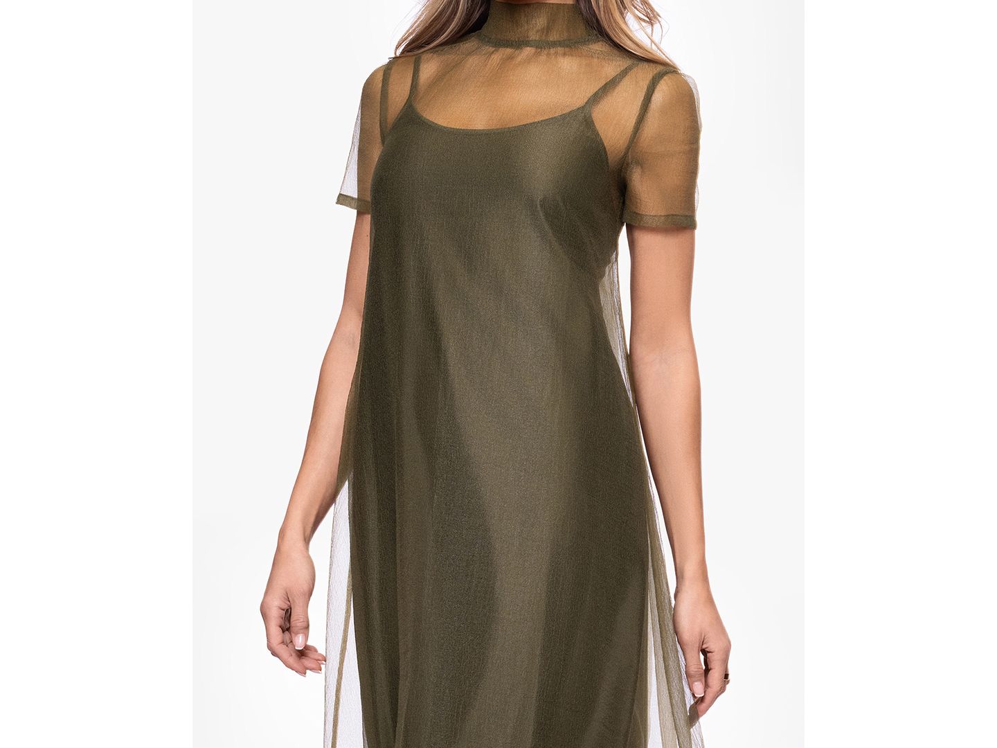 Женские платья XSCAPE Turtle Neck Organza Overlay Ball Gown, цвет: Оливковый — фото 3