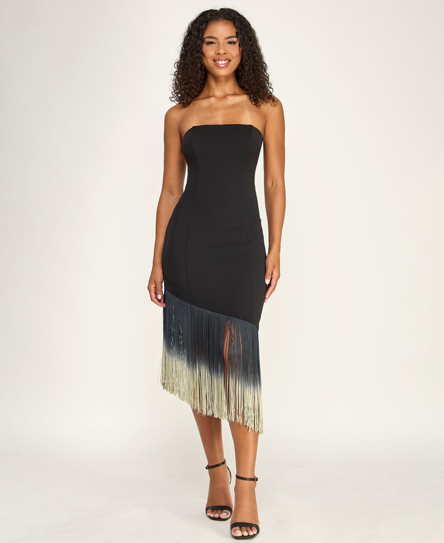 Женское платье SENI & CADE Juniors' Asymmetrical Fringe Hem Strapless Midi, цвет: Чёрный / Рыжевато-коричневый — фото 2