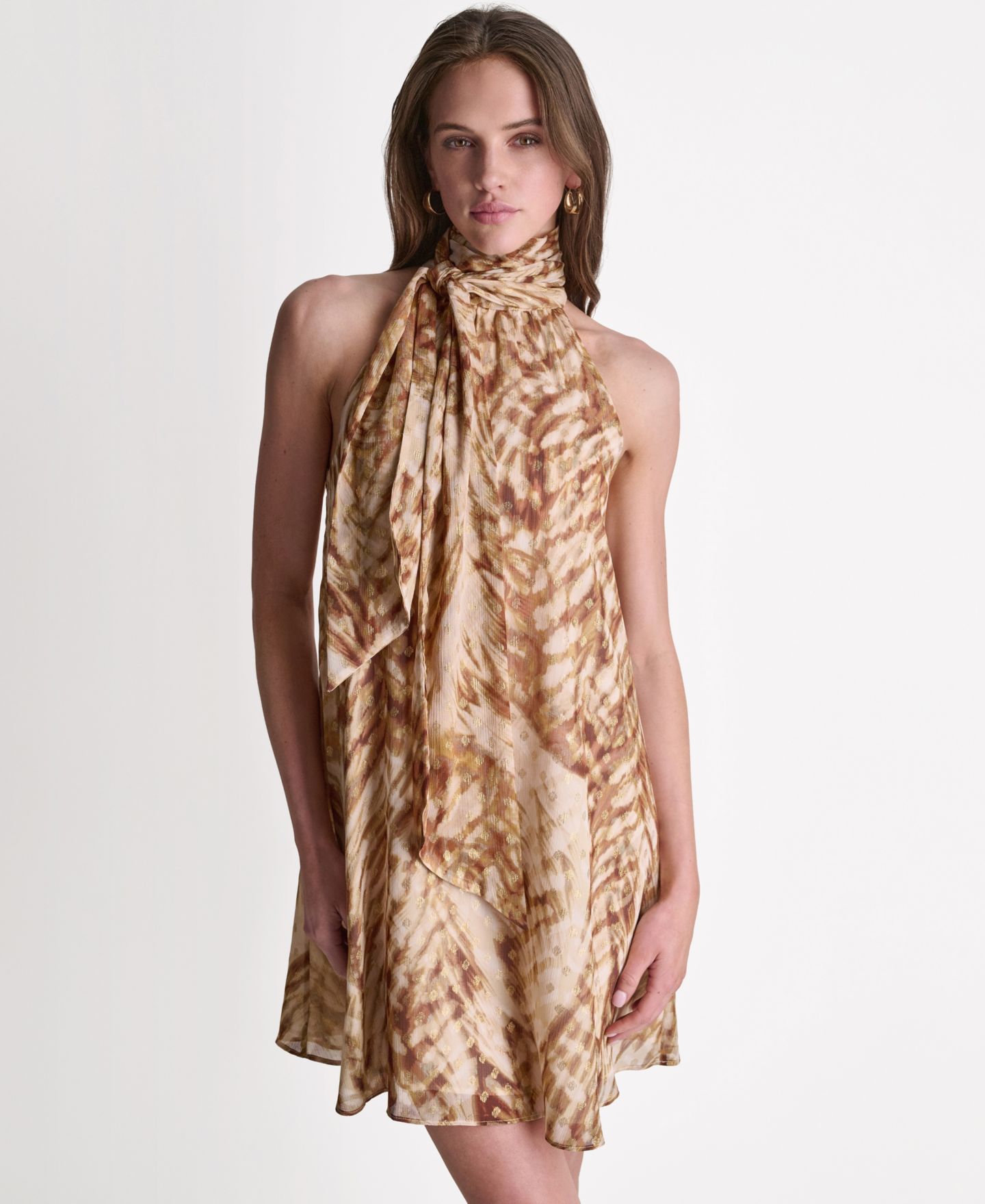 Женское платье BCBG High Halter Neck Scarf Detail, цвет: Тёмно-коричневый сумеречный разноцветный — фото 1