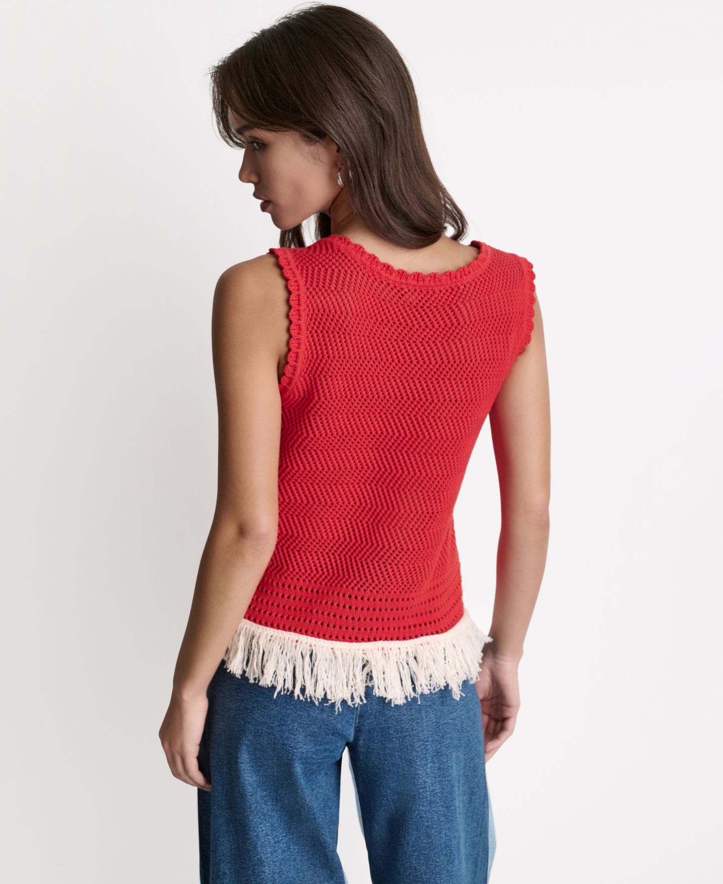 Женский топ BCBG Fringe Pointelle Scoop Neck, цвет: Firelily/Buttercream — фото 15
