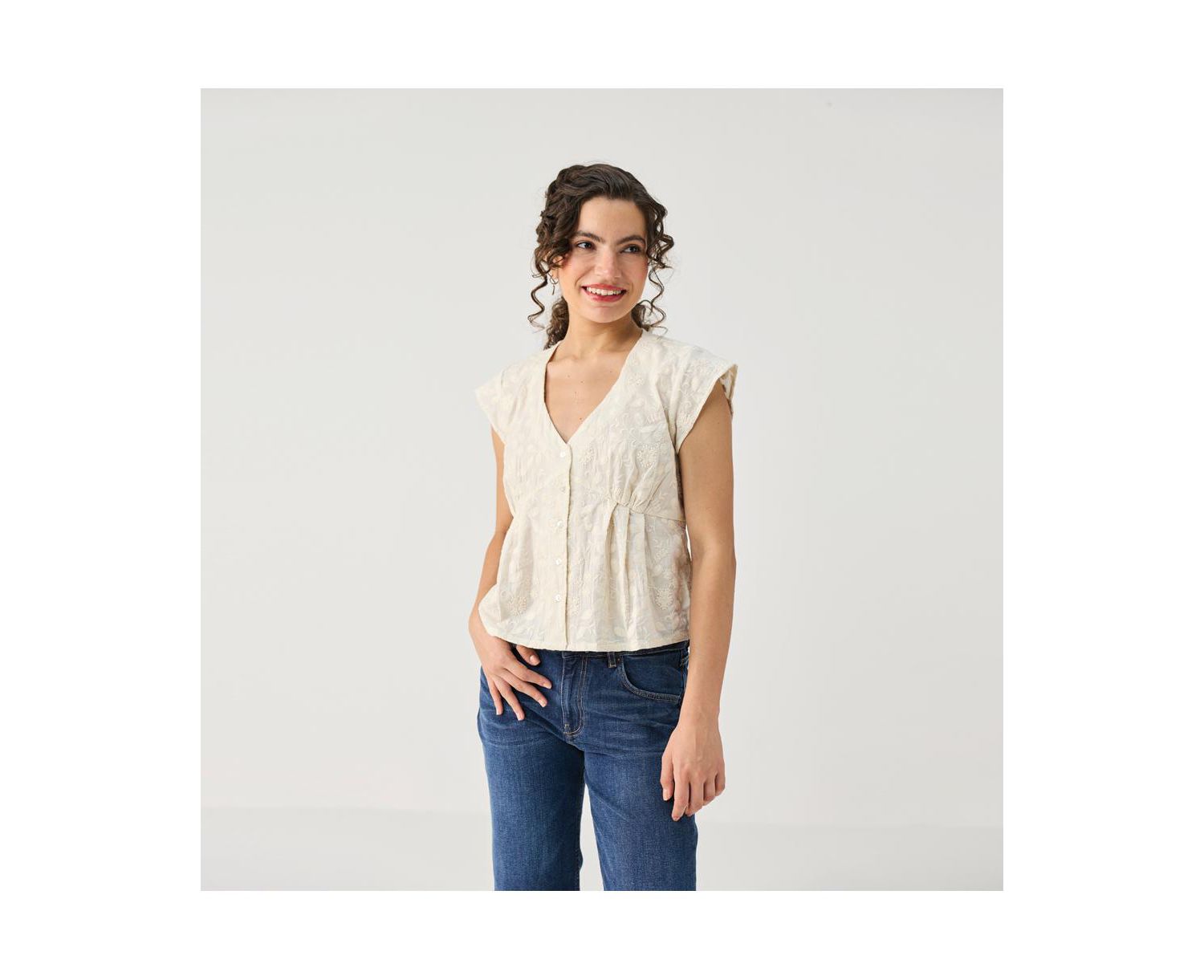 Women's Cream Embroidered Deep V-Neck Top