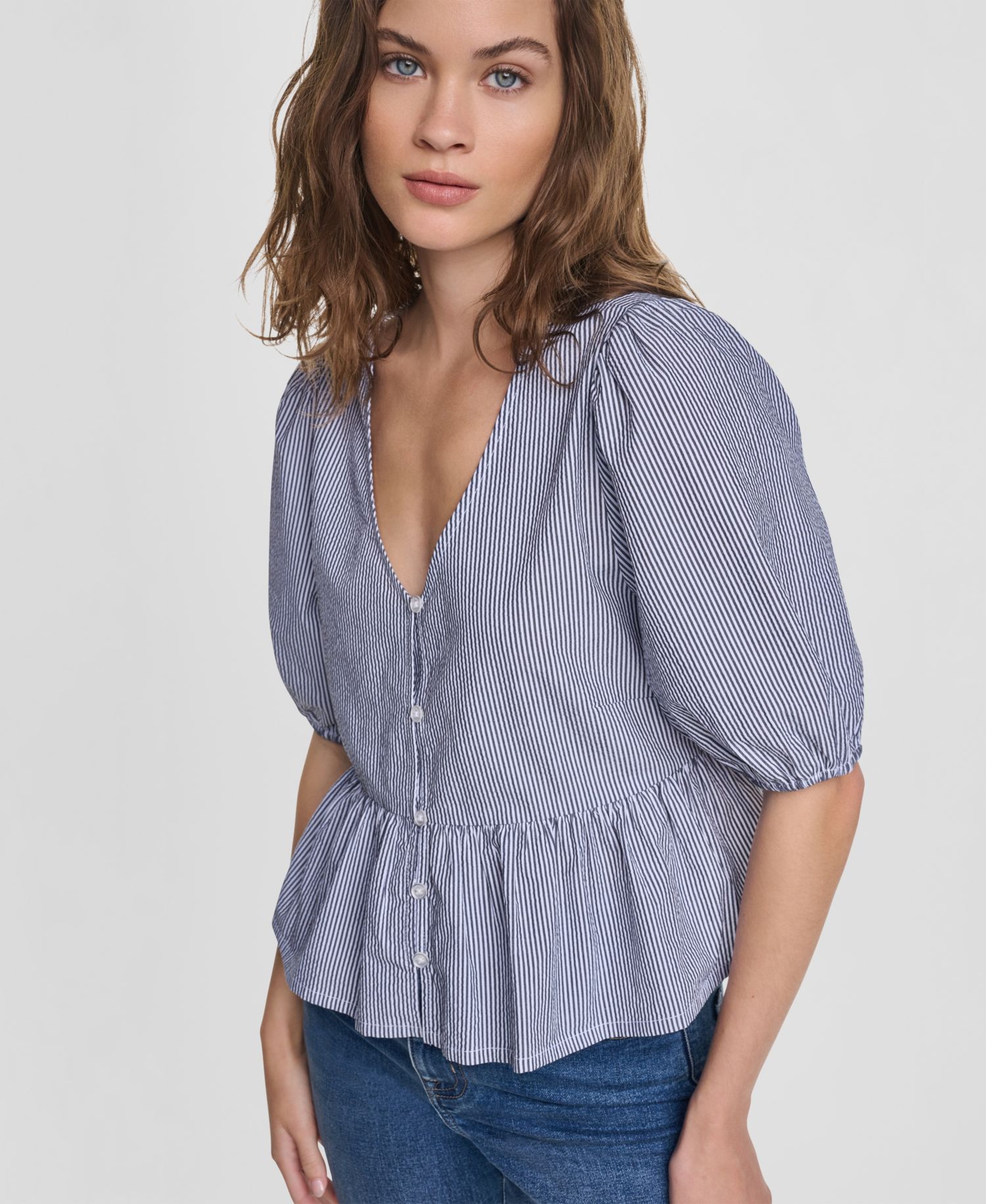 Petite Puff-Sleeve V-Neck Top