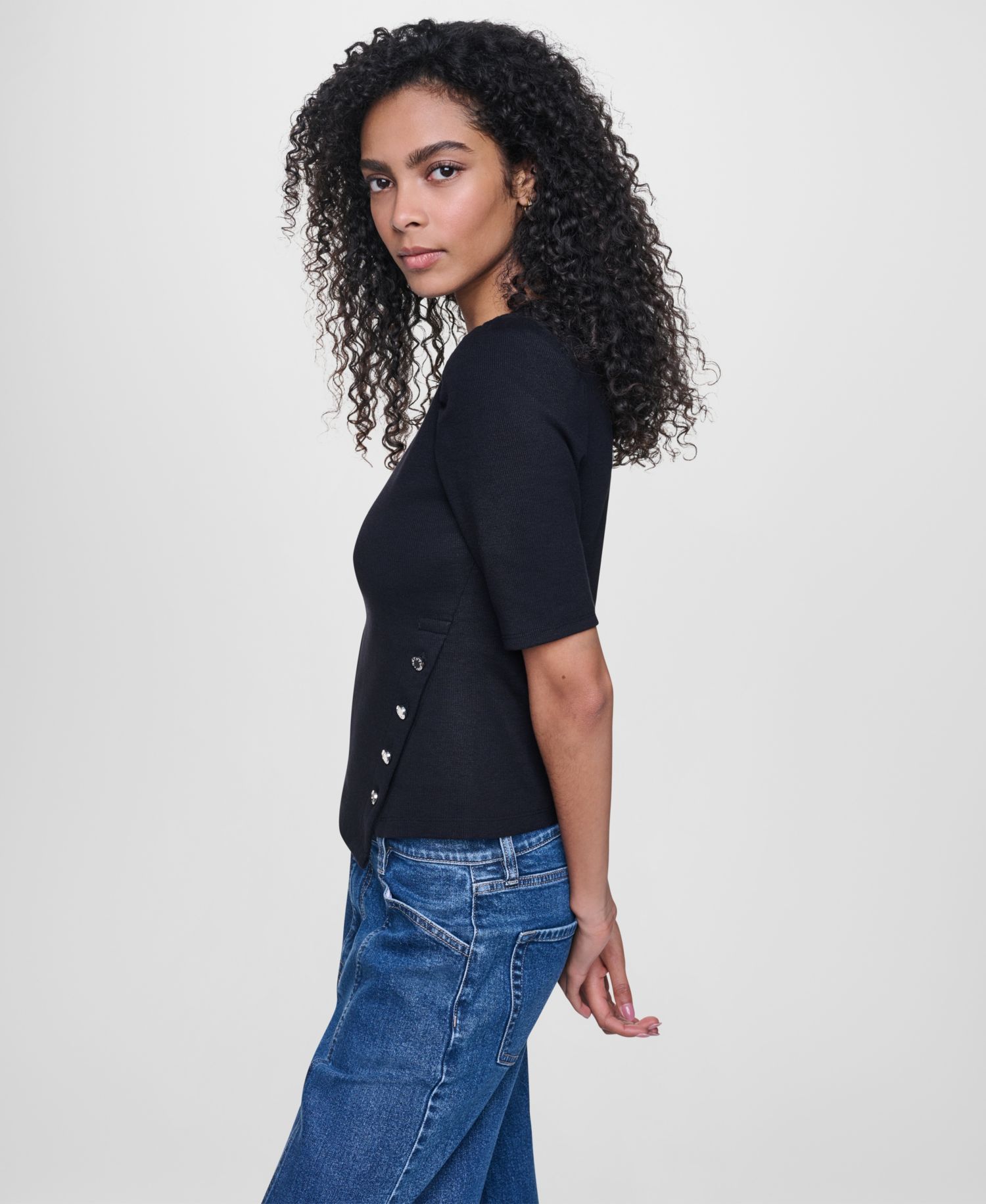 Women's Asymmetric Hemline Puff Elbow-Sleeve Top