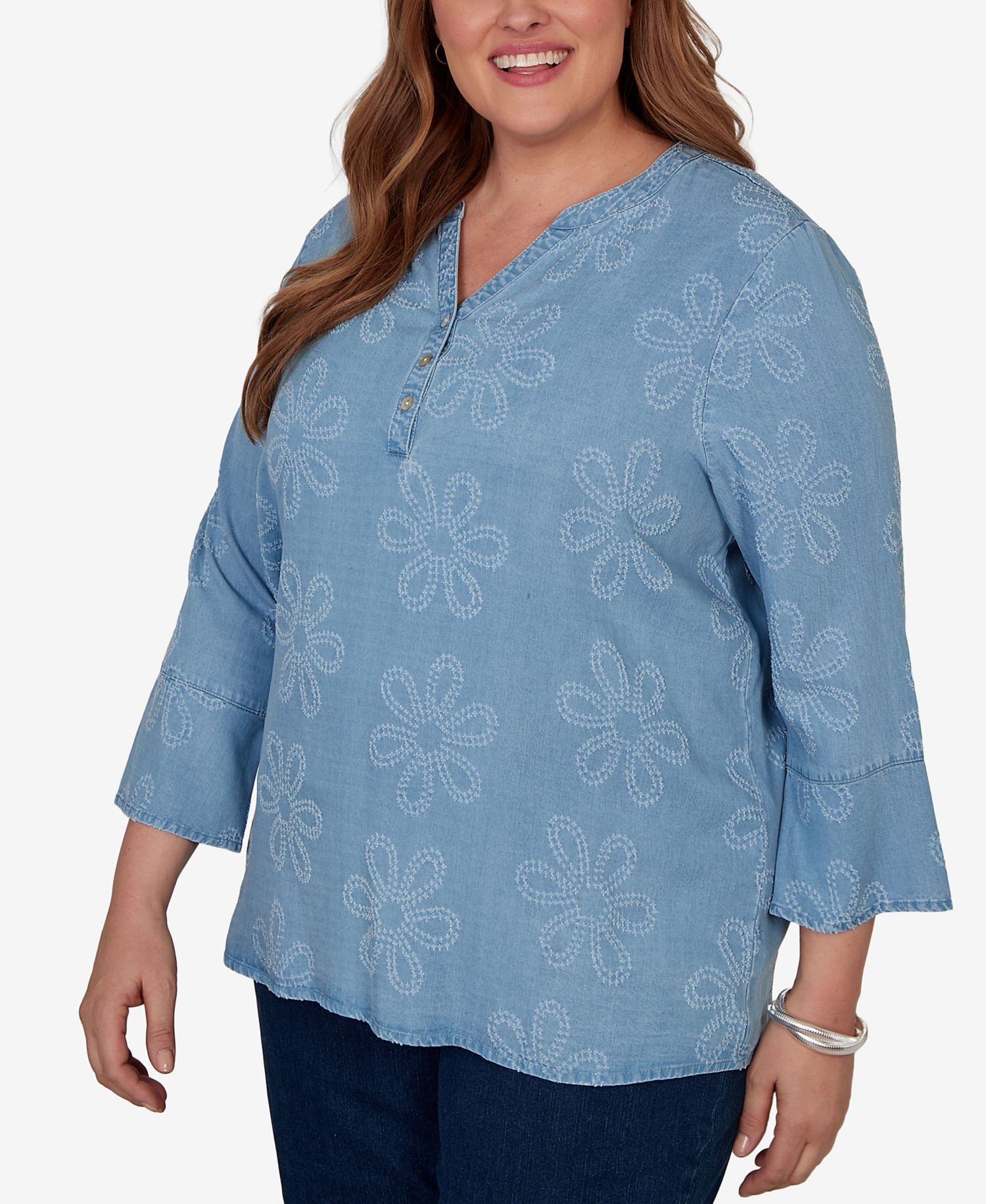 Plus Size Camden Market Tonal Embroidered Soft Henley Top