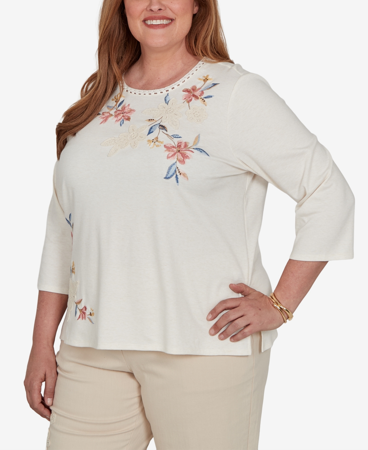 Alfred Dunner Plus Camden Market Crochet Embroidered Floral Knit Top