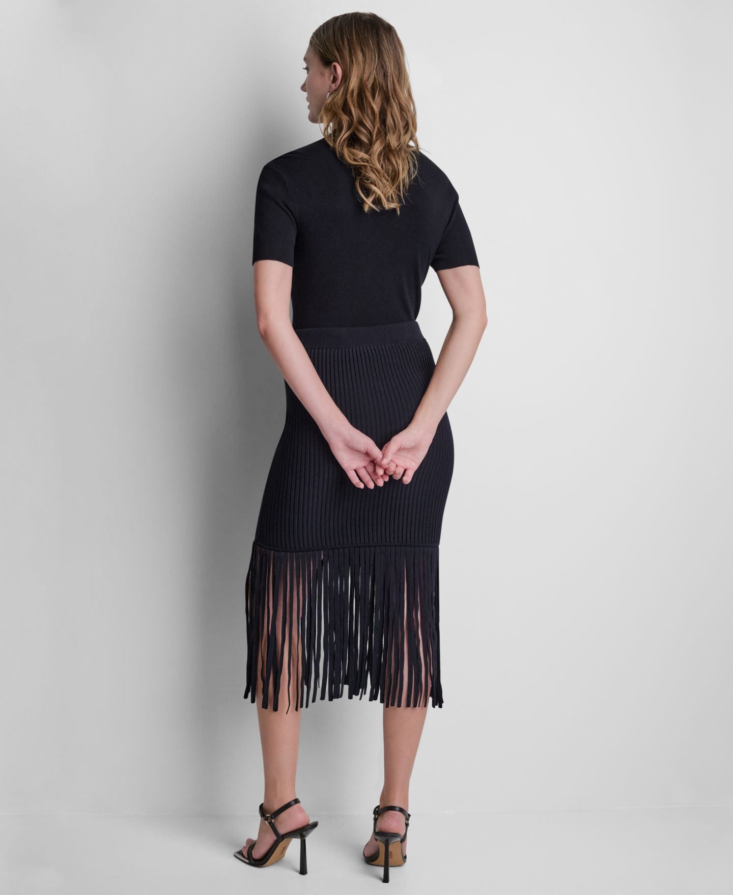 Женская юбка DKNY Cotton-Blend Fringe Sweater Skirt, цвет: Чёрный — фото 6