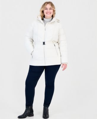 Plus Size Hooded Belted Thumbhole Puffer Coat