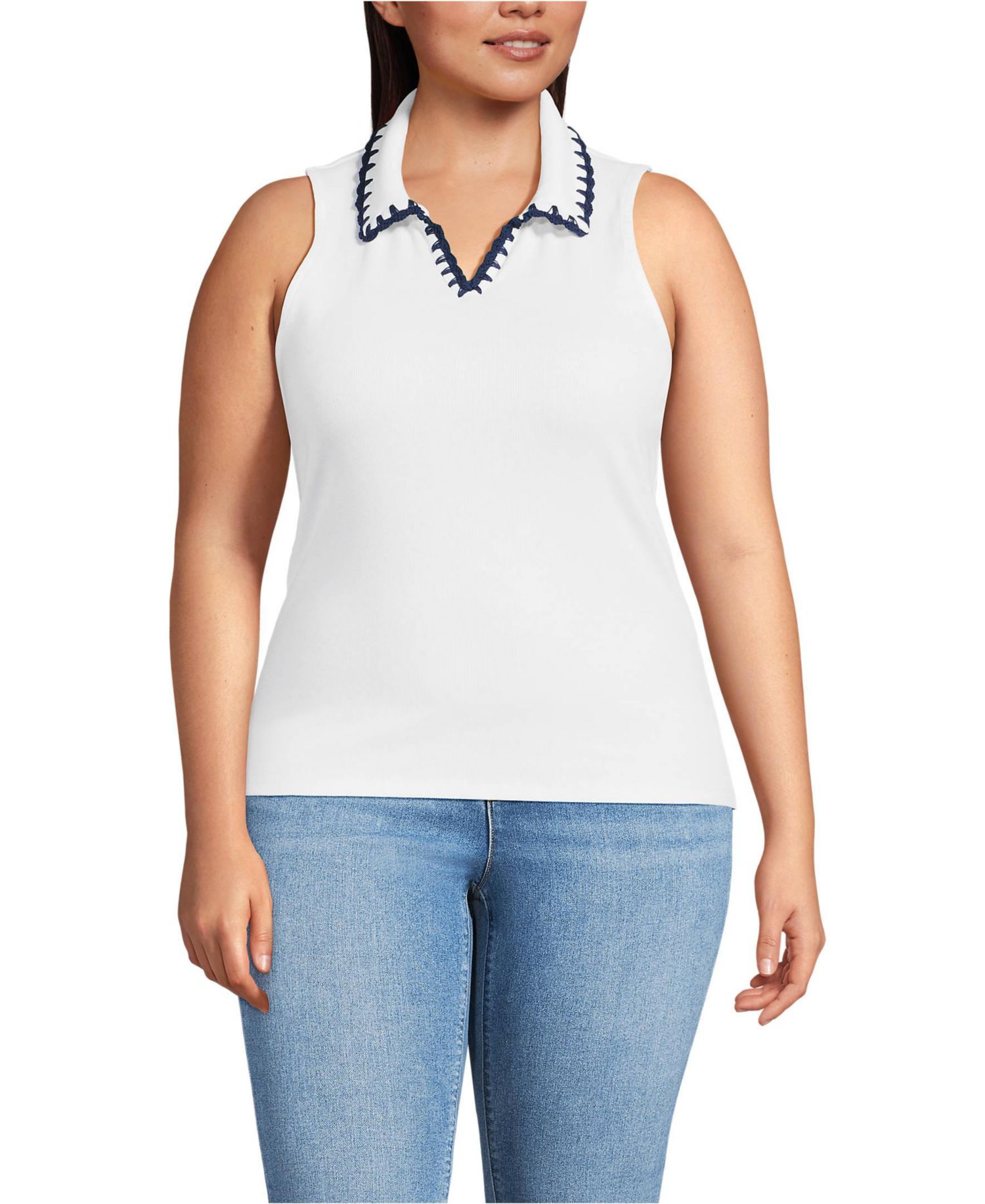 Plus Size Sleeveless Micro Rib Polo