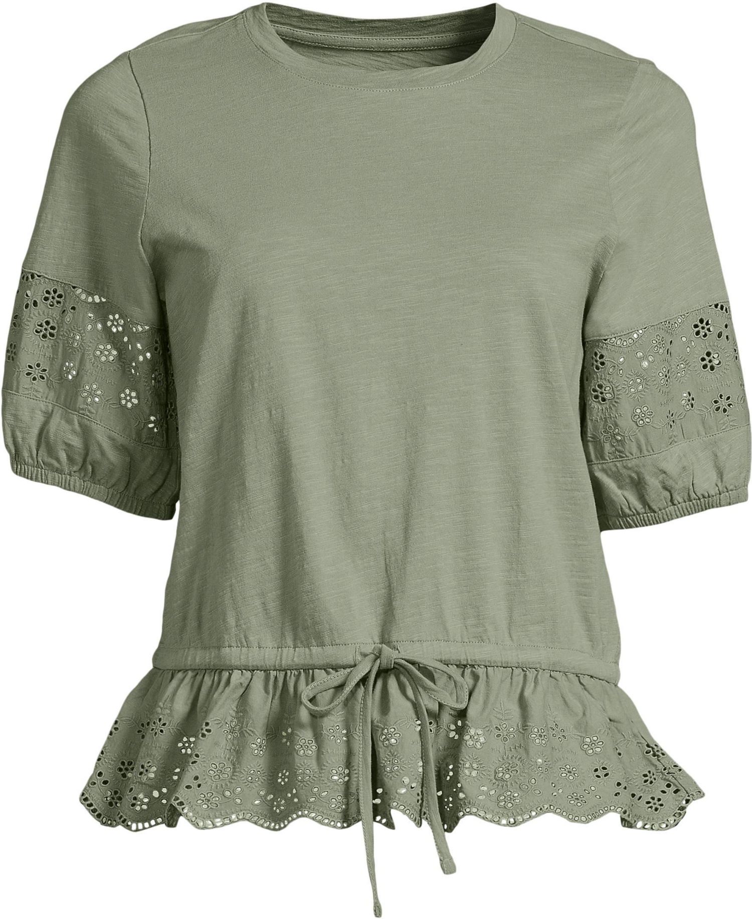 Women's Elbow Sleeve Slub Lace Trim Adjustable Hem Top