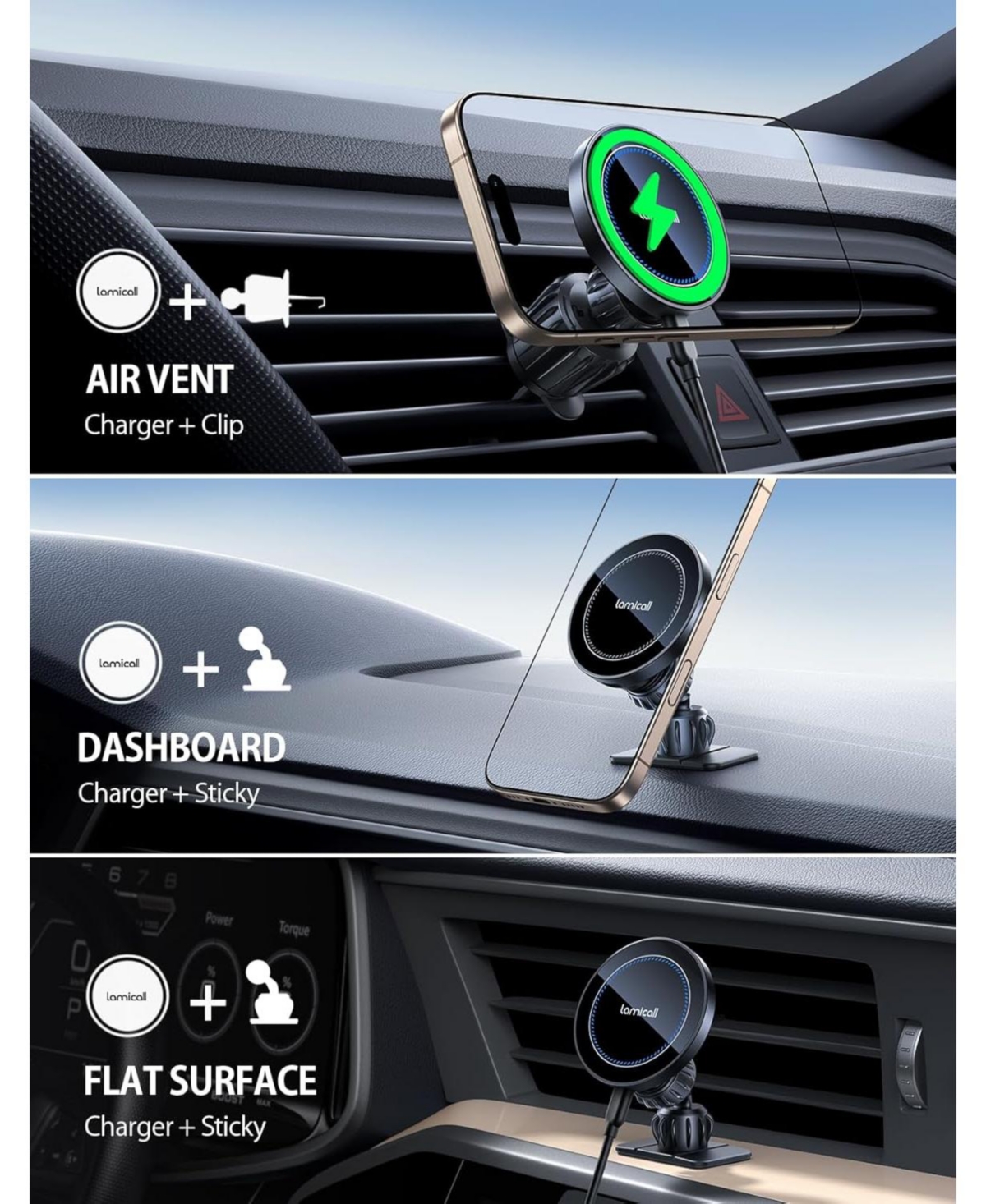 Lamicall 3-in-1 Wireless Car Charger Mount with Strong Magnet and 360degree(s) Rotation