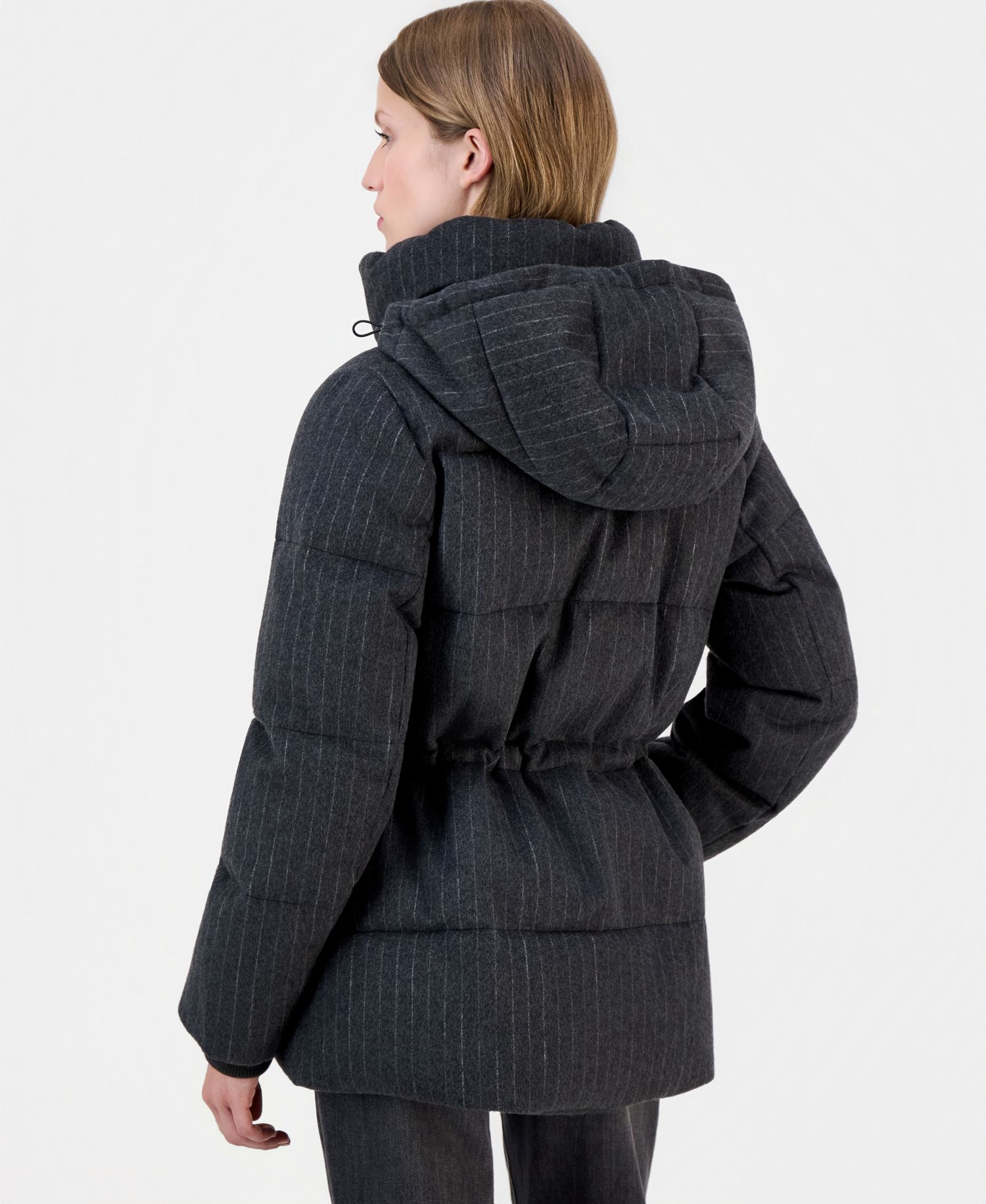 Women's Pinstripe Quilted Hooded Puffer Coat