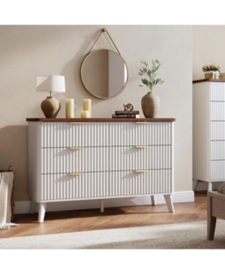 Modern Fluted 6-Drawer Dresser - Curved Profile, Gold Handles, Deep Drawers, Versatile Wooden Storage Chest for Bedroom, Living Room, Kids Room
