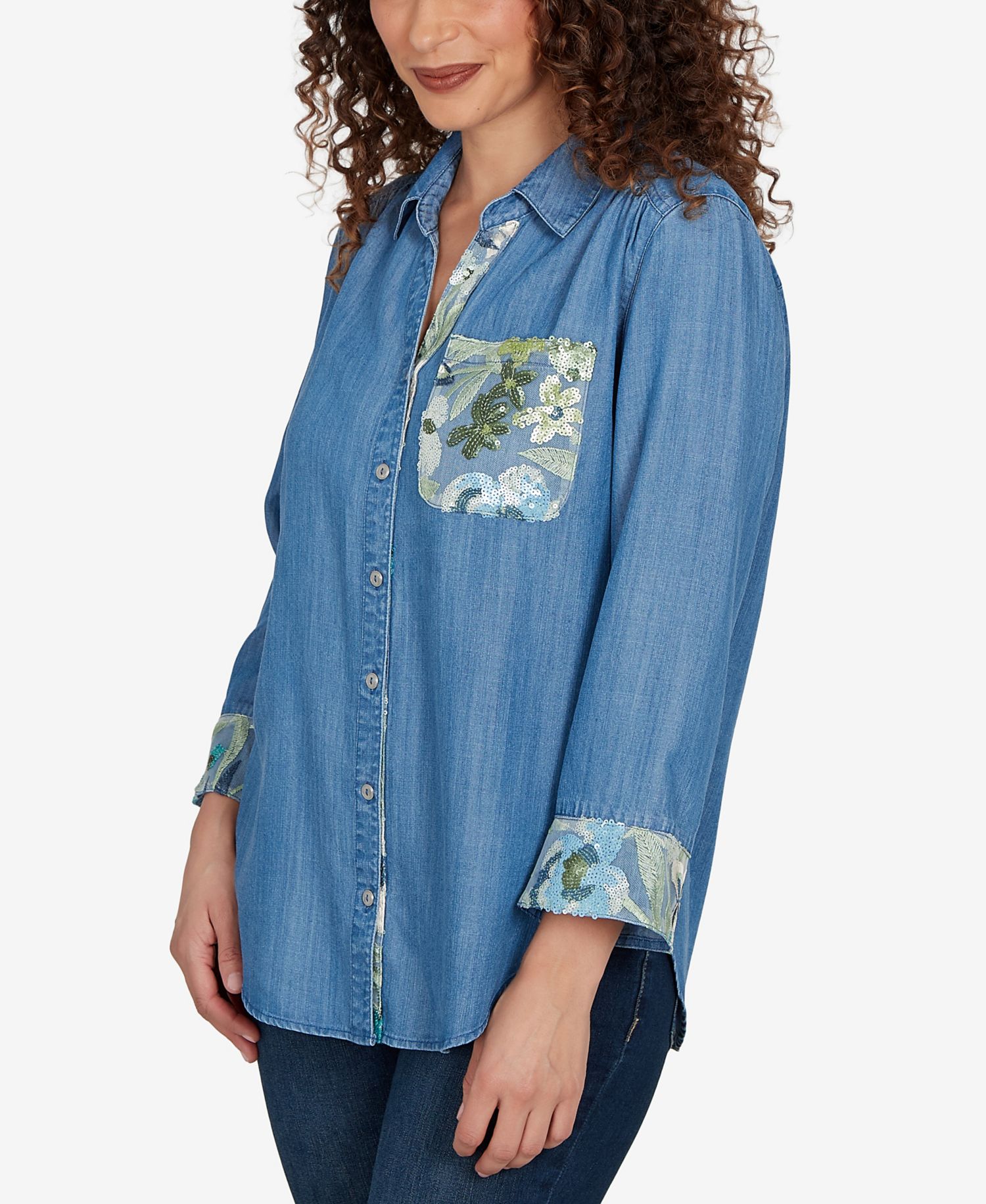 Petite Soft Lyocell Denim Sequined Button-Front Top