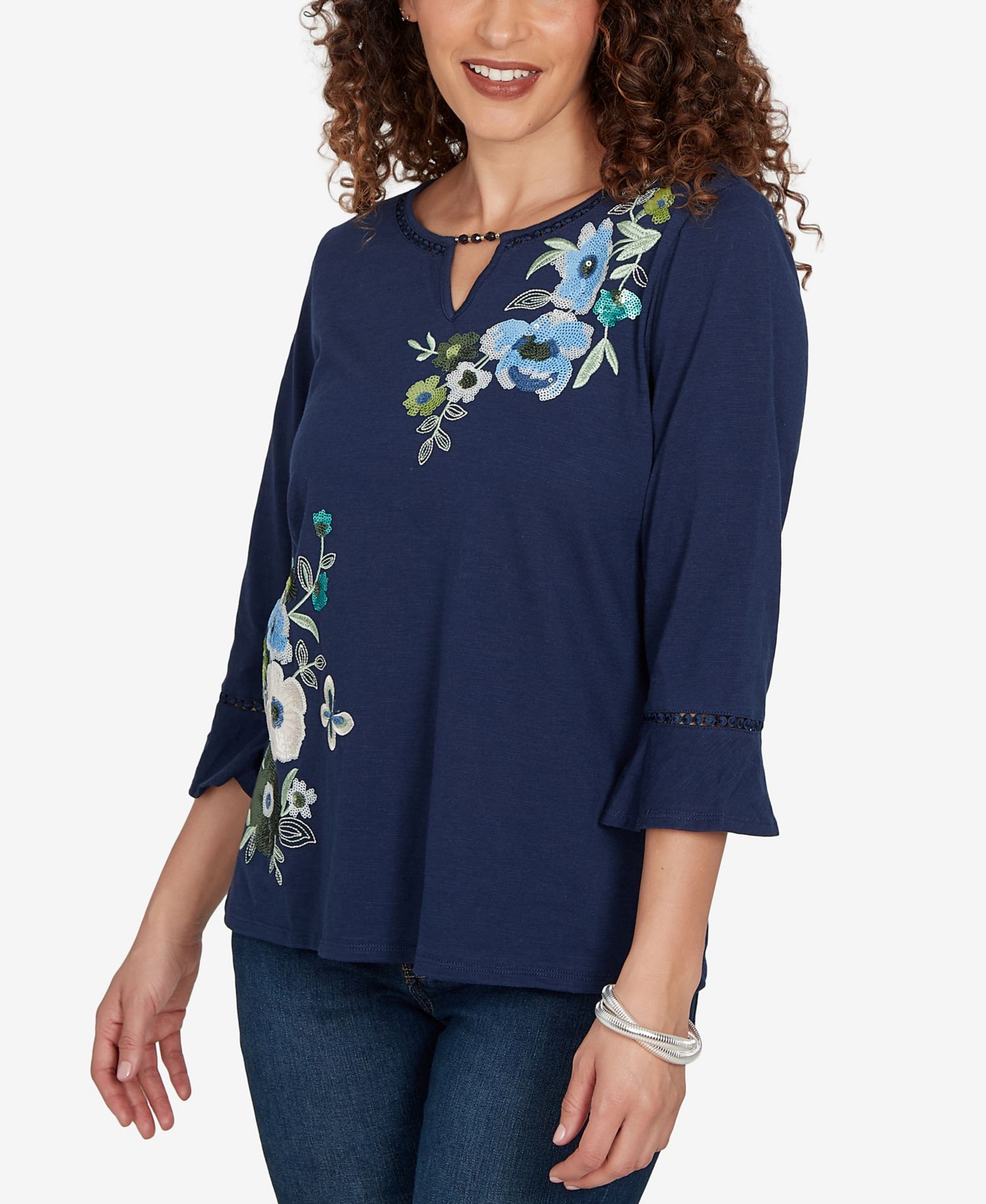 Petite Asymmetric Sequin Flowers Knit Top
