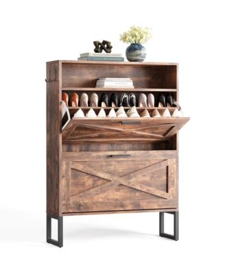 Farmhouse 2-Tier Flip Drawer Shoe Storage Cabinet with Hooks
