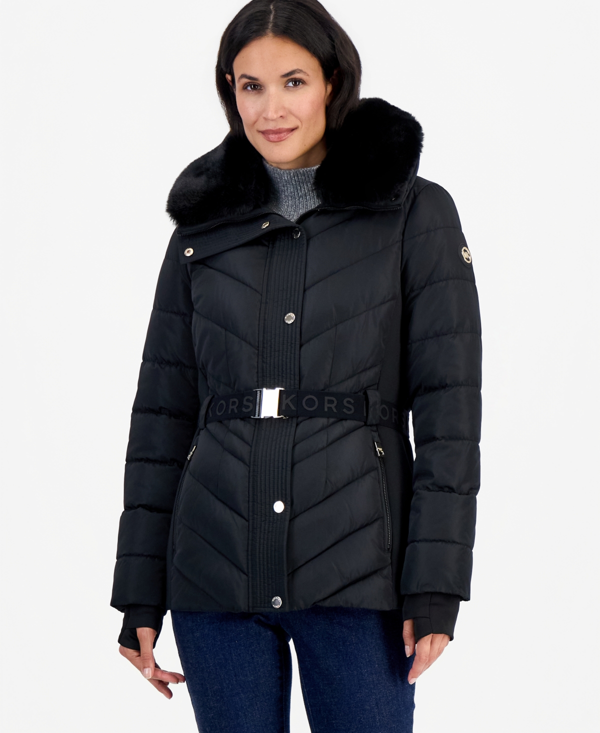 Michael Kors Women's Belted Hooded Faux Fur Collar Puffer Coat