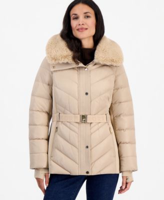 Michael Kors Women's Belted Hooded Faux Fur Collar Puffer Coat