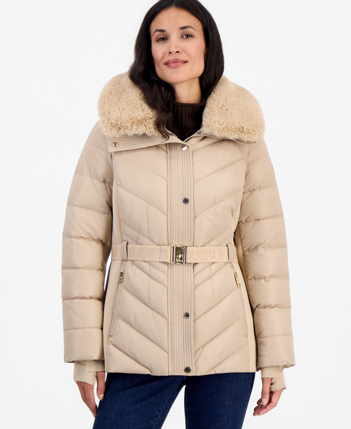 Michael Kors Women's Belted Hooded Faux Fur Collar Puffer Coat - Taupe