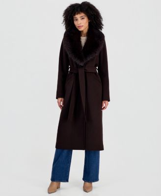 Women's Belted Faux-Fur Trimmed Wrap Coat
