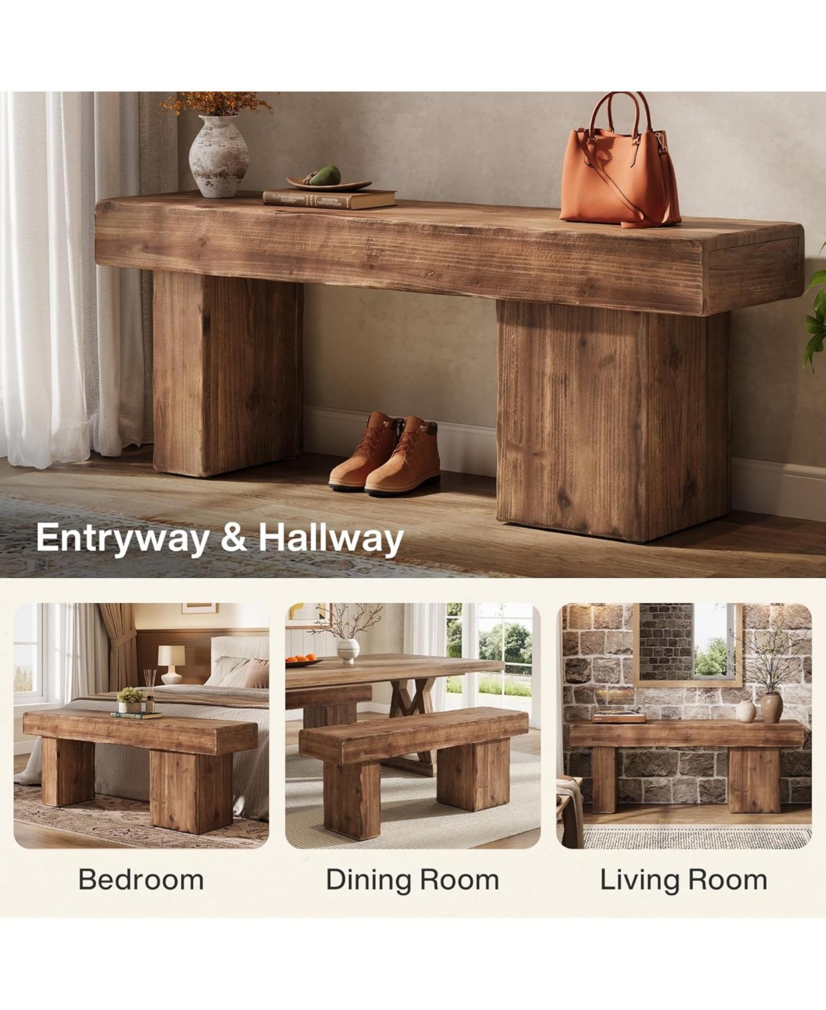 Tribesigns Solid Wood Dining Bench, 47" Farmhouse Bench with Thickened Seat and Artistic Legs, Entryway