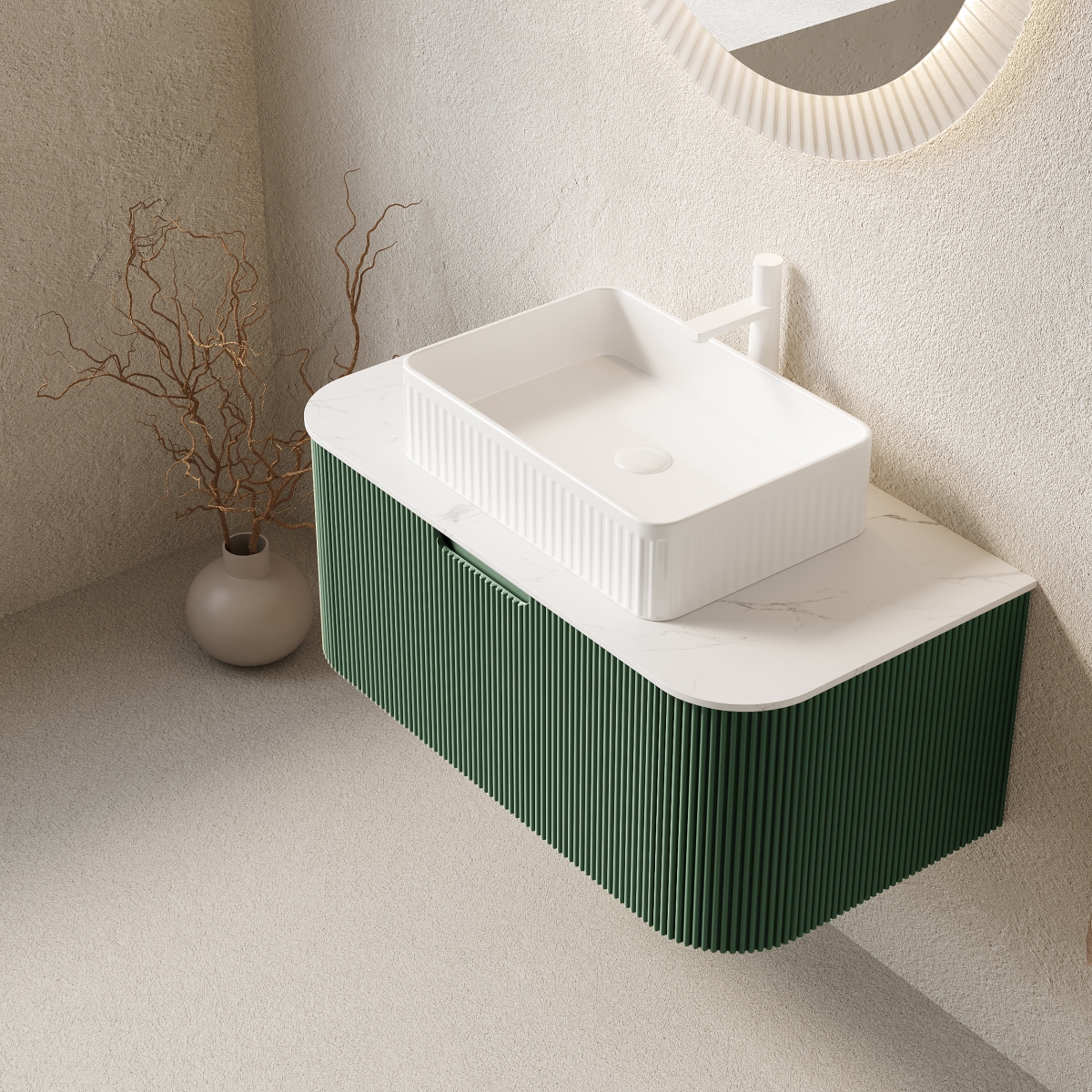 Sillysis Light Green Wall Mounted Bathroom Vanity with Ceramic Sink, Plywood Cabinet, Soft Close Striped Drawer