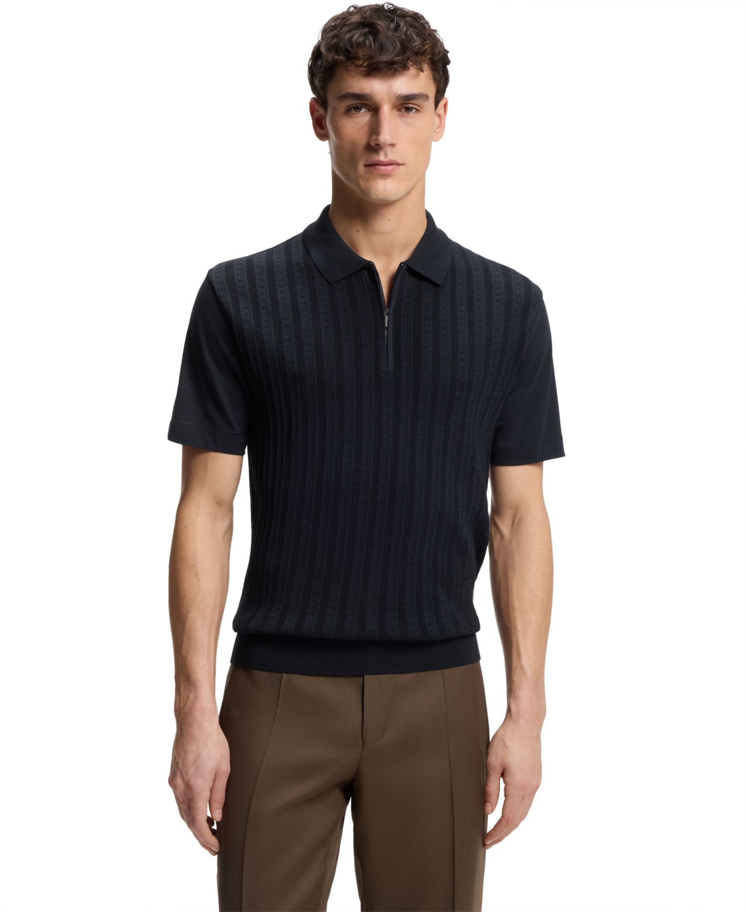 Men's Cotton-Silk Zip-Neck Polo Shirt