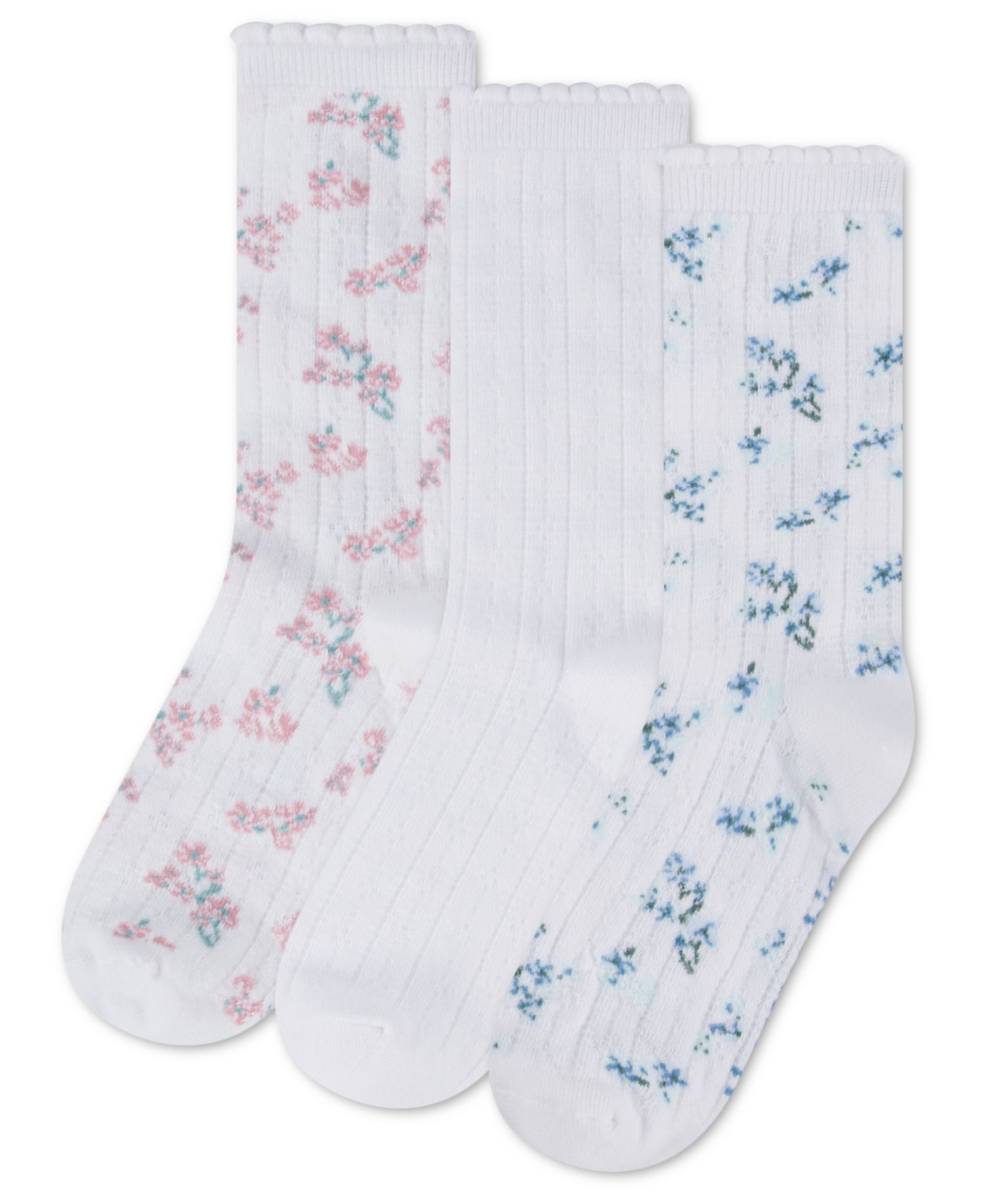 Girls' 7-11 Floral Pointelle Crew Socks, 3-Pack