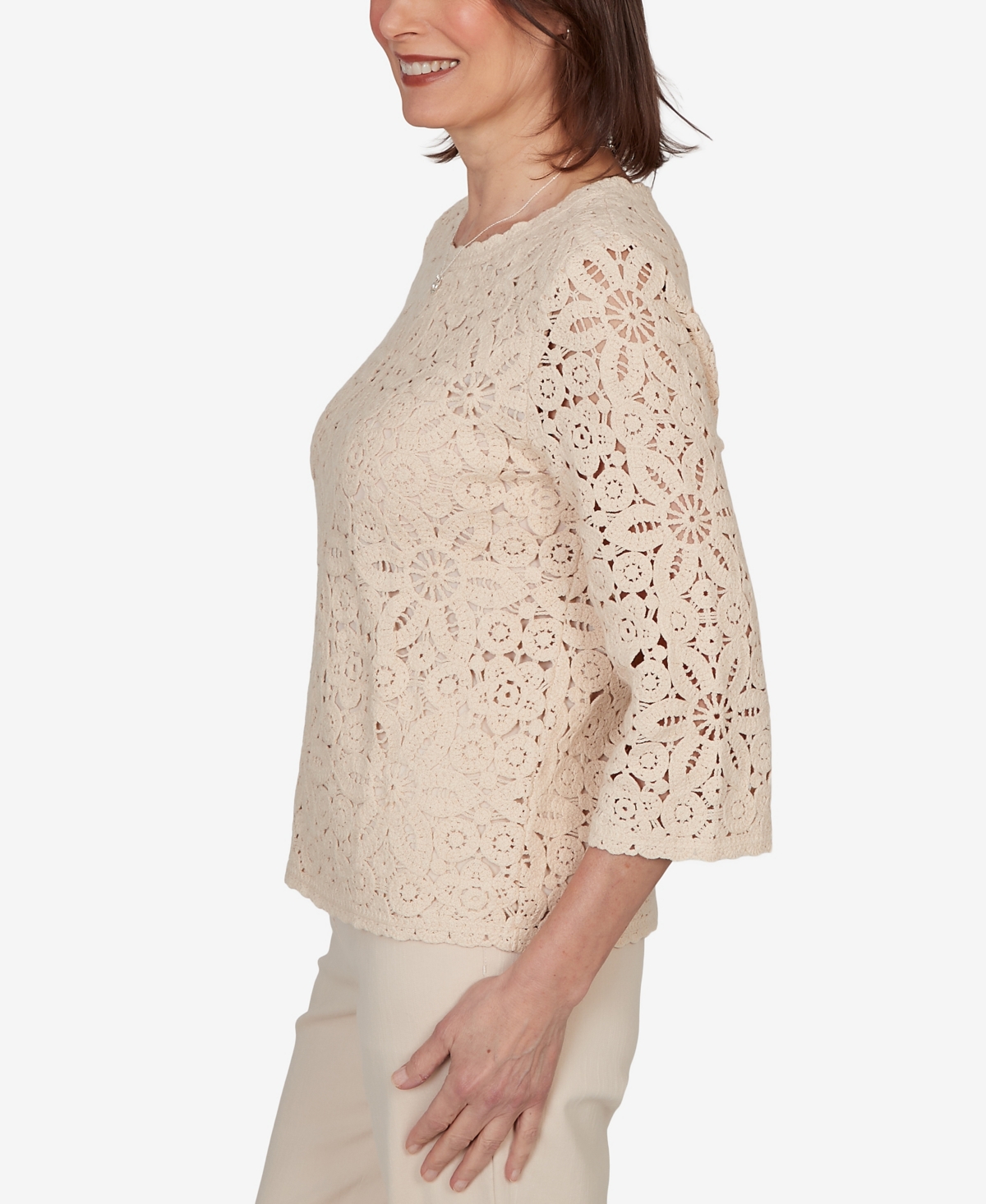 Alfred Dunner Women's Camden Market Floral Crochet Lined Knit Top