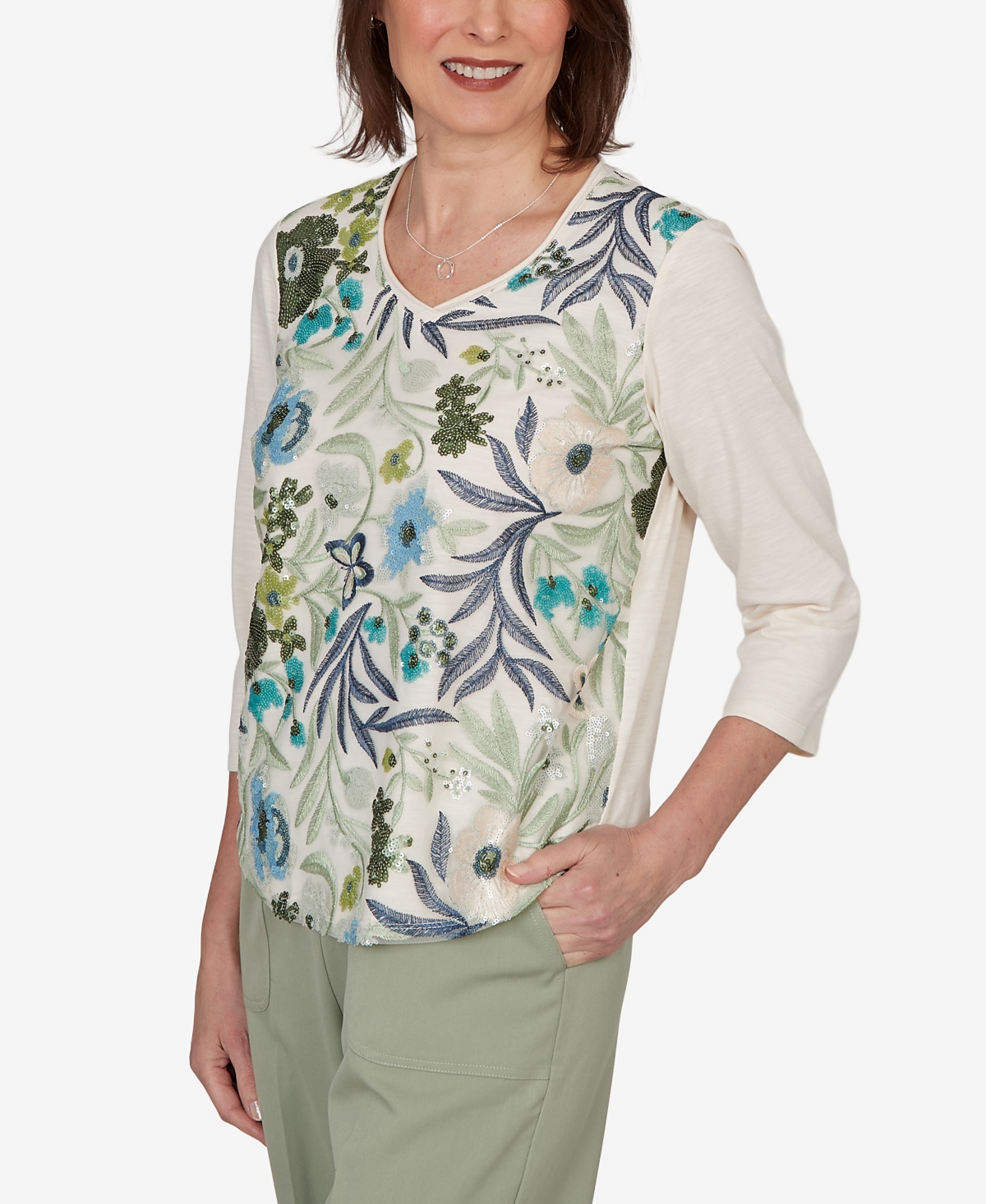 Alfred Dunner Women's Indigo Girls Sequined Floral Mesh Overlay Knit Top