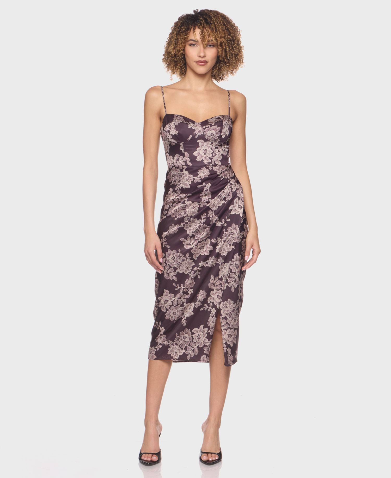 Juniors' Sweetheart Neck Printed Satin Midi Dress with Spaghetti Straps Skirt Slit