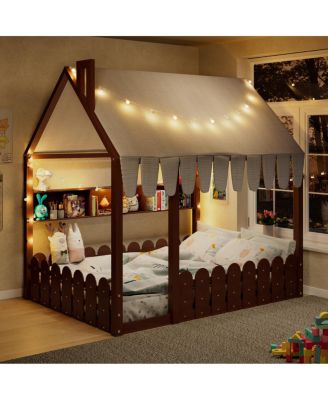  Full Size Montessori House Bed with Fence, Storage and Lights