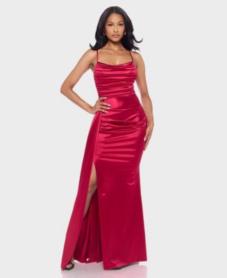 b. darlin halter v-neck ruched waist satin homecoming dress reviews B Juniors' Cowlneck Gown - CRIMSON Forest green formal gown